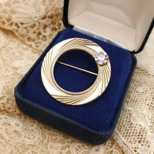Vtg Minimalist Gold Tone Brooch with Rhinestone O Shape Penannular Circle Pin